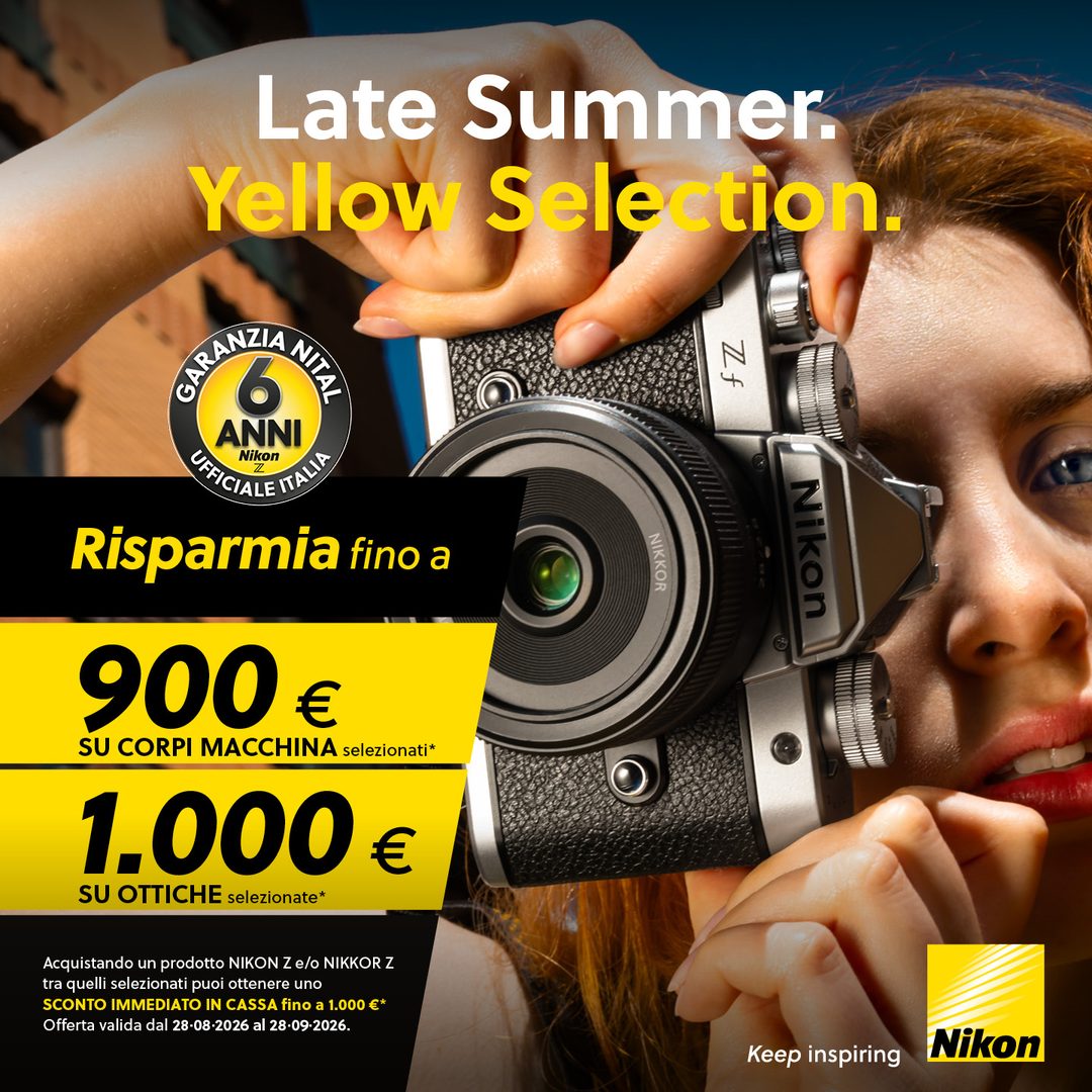 Nikon Late Summer Yellow Selection: sconto immediato in cassa fino a 900 euro sulle fotocamere Nikon Z e fino a 1.000 euro sugli obiettivi NIKKOR Z selezionati, dal 28 agosto al 28 settembre 2026
